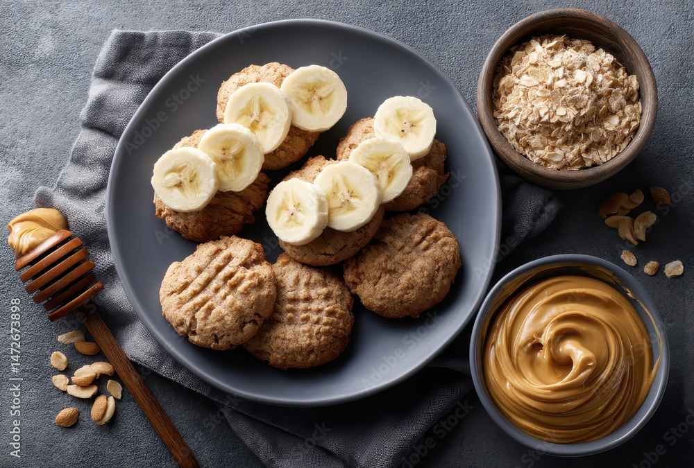Poster delicious homemade cookies with banana slices and creamy peanut butter served on a plate with oats a