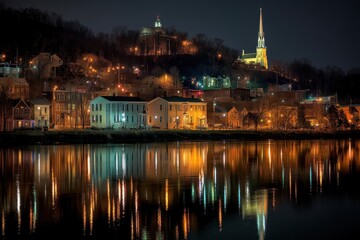 Obraz premium Frankfort, Kentucky: Enchanting City Skyline at Night Overlooking the Appalachian River