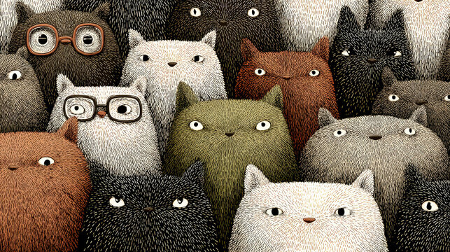A hyper-detailed 3D rendering of a whimsical &ldquo;Where&rsquo;s Waldo?&rdquo; scene made entirely of cats. Generative AI