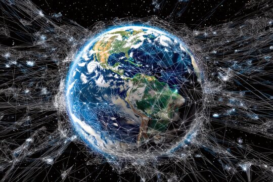 Digital network connections surrounding Earth in space. - Powered by Adobe