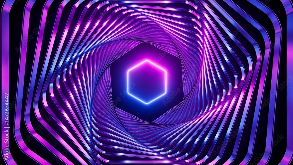 Poster abstract neon geometric background. polished metallic frames twist and form a tunnel. linear hexagon