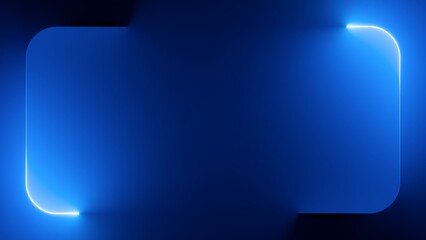 Glowing neon line leaving trail in the shape of rounded frame against the blue gradient background. Minimalist geometric design. 3d rendering