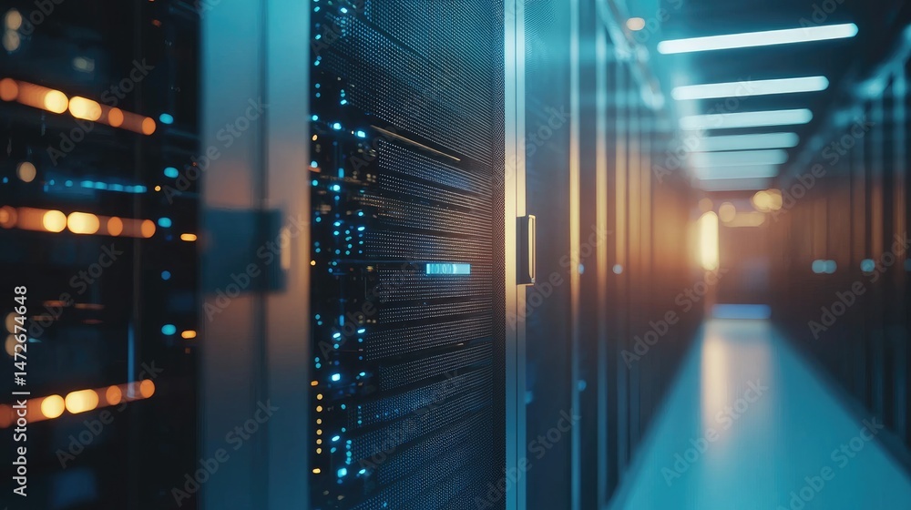Poster Close-up view of a high-tech server room with blue and orange lighting, representing data processing, hosting, cybersecurity, and modern cloud computing solutions