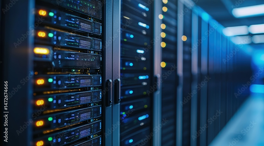 Poster Detailed view of stacked server racks with glowing indicators in a high-performance data center used for hosting, database storage, and enterprise-level computing systems