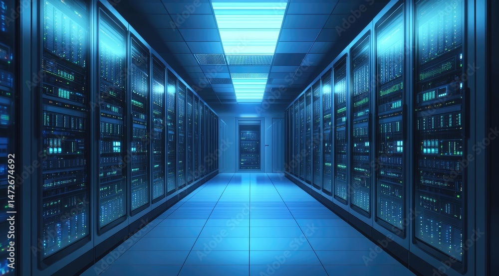 Aufkleber Long hallway view of symmetric server racks with glowing indicators and a glowing exit, symbolizing cloud-based data storage, AI systems, and secure infrastructure