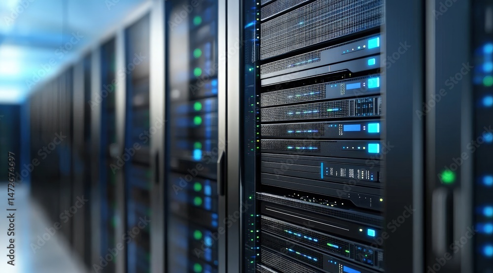 Aufkleber Close-up of advanced computer servers in a cool blue-lit environment symbolizing networking systems, database handling, and real-time cloud data processing functions