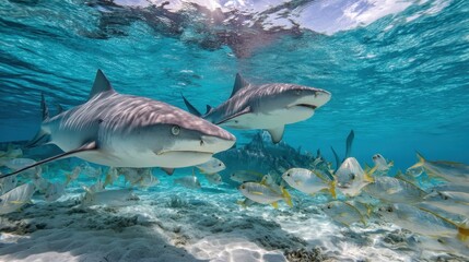 Fototapeta premium Lemon Sharks Gliding Through Crystal Clear Waters at Tiger Beach, Bahamas - A Breathtaking Underwater Encounter