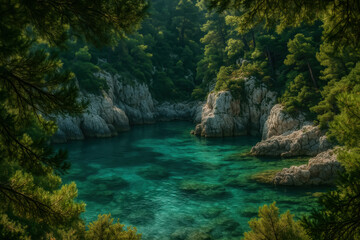 Turquoise waters shimmer through forested rocky cove surrounded by lush green pine tree cliffs