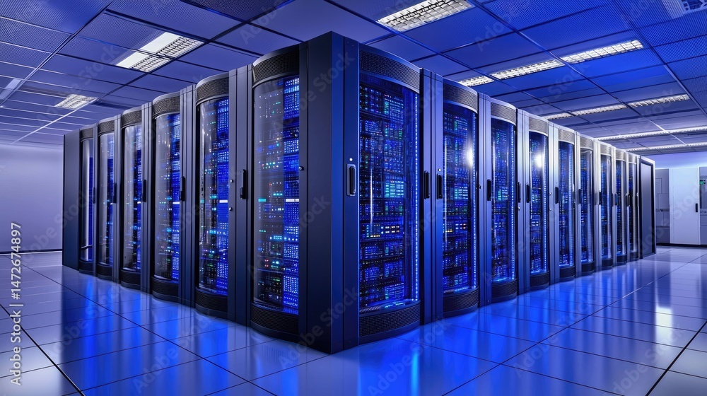 Poster Blue-lit data center filled with server racks emitting vibrant digital lights, showcasing advanced cloud infrastructure for storage, networking, and computing needs