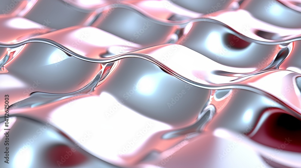Poster Silver surface with a red and pink wave pattern. The surface is shiny and reflective. The image has a futuristic and modern feel to it