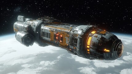 Long, futuristic spacecraft orbiting a planet.