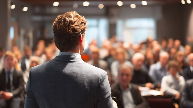 Businessman in seminar presenting with authority for team concept  

