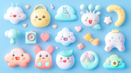 Obraz premium Cute pastel 3D cartoon icons featuring clouds, animals, candy, stars, and hearts on a light blue background, all with smiling faces and a soft, playful design.