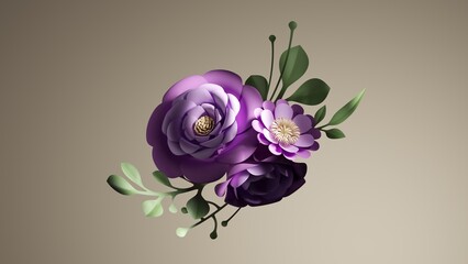 3D illustration of a bouquet of paper flowers in contrasting light, central isolated composition
