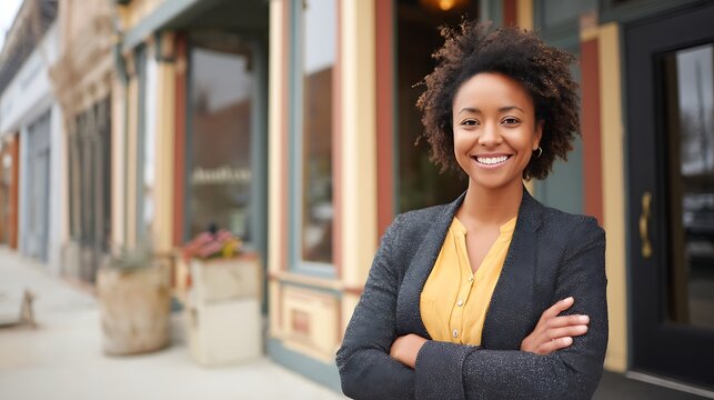 Confident owner in front of LLC storefront for business success  
