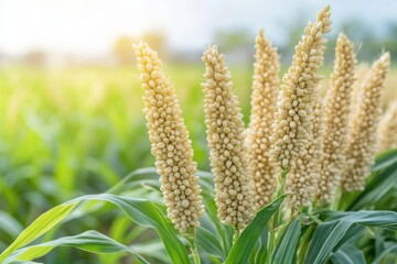 Tall stalks of ripe golden sorghum illuminated by warm morning sunlight, captured in a scenic agricultural landscape.
