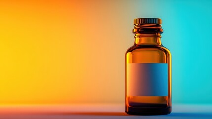 Small brown glass medicine bottle with blank blue label on vibrant gradient background with colorful lighting effects for healthcare and medicine concept
