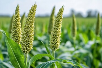 Detailed view of green sorghum stalks in a crop field during a bright day, showing healthy leaves and grain heads.
