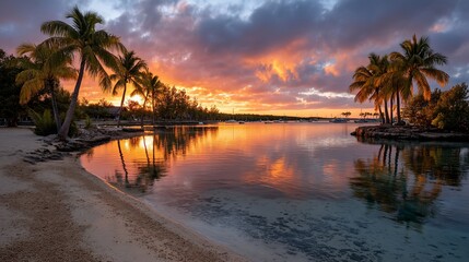 Tranquil sunset bay with palm reflections