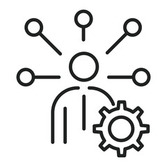 Figure with connections and a gear in editable outlined stroke, suggesting technology, system setup, and communication concepts.