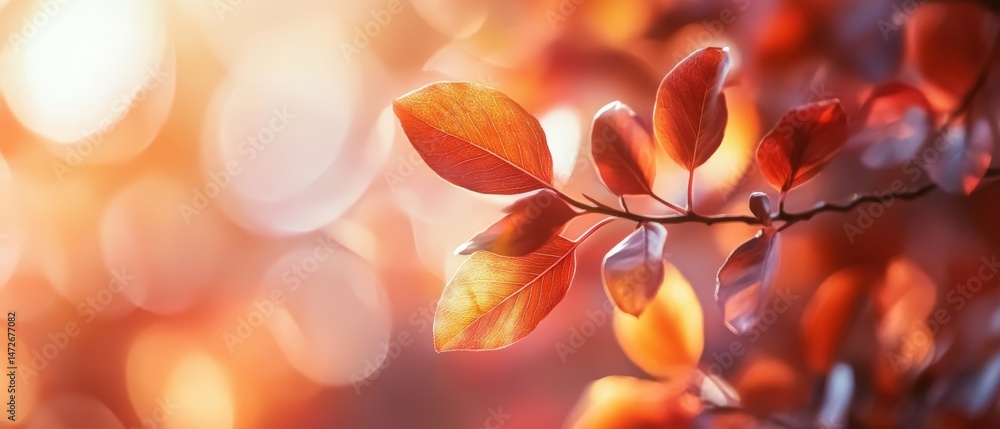 Poster close-up of vibrant autumn leaves on a branch illuminated by warm sunlight with bokeh background in 