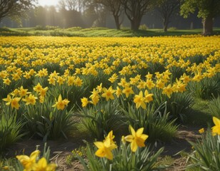 Fototapeta premium A carpet of cheerful yellow daffodils blankets a verdant field bathed in sunlight , macro, flora, botany