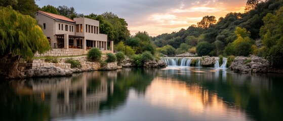 Obraz premium Tranquil waterfall and rustic lodge landscape