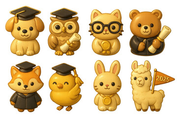 Graduation animal icon set &ndash; dog, owl, cat, bear, fox, chick, rabbit, llama. 3D icon set