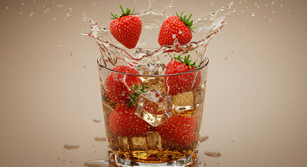 Morangos frescos mergulhando em bebida com gelo em splash dinâmico. Conceito refrescante, vibrante e gourmet.