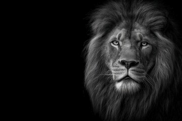 Naklejka premium Majestic lion portrait against a dark background.