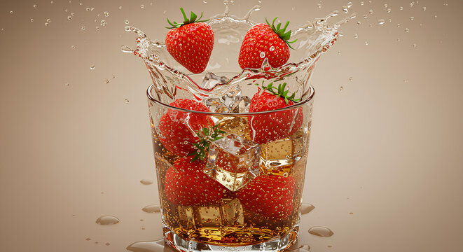 Morangos frescos mergulhando em bebida com gelo em splash din&acirc;mico. Conceito refrescante, vibrante e gourmet.