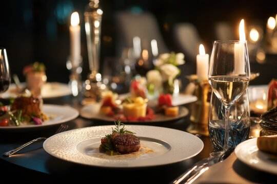 A romantic dinner setup with candlelight and fine dining, showcasing elegance and intimacy