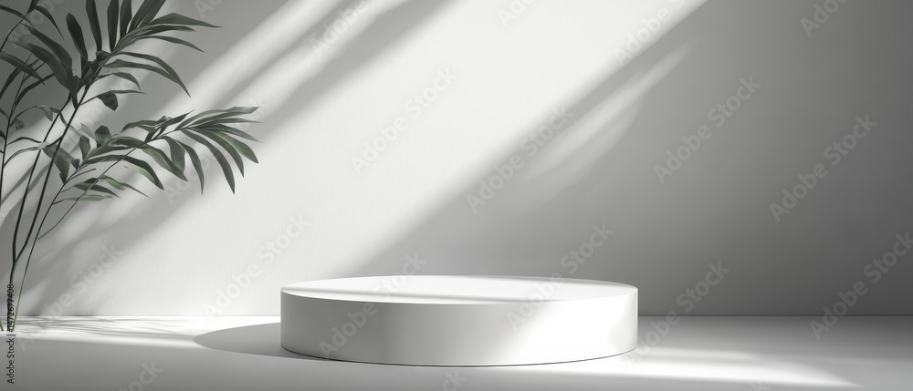 Poster minimalist white round display platform with soft natural lighting and subtle shadow creating a clea