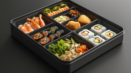 A sophisticated bento box featuring sushi rolls, shrimp, fried croquettes, noodles, and fresh vegetables, neatly arranged in a sleek black tray.