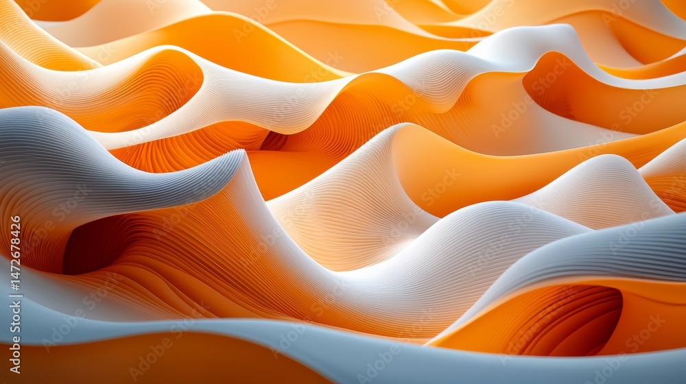 Poster The image is a computer generated drawing of a wave with a white and orange color scheme. The wave is very long and has a lot of detail, making it look very realistic