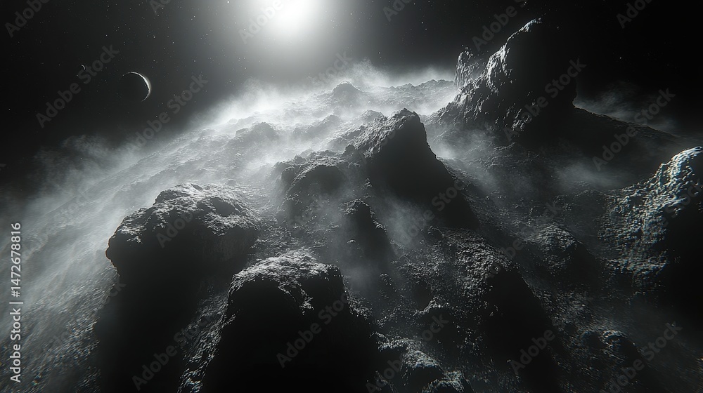 Aufkleber a digitally rendered view of a rocky celestial body with a luminous source.
