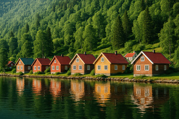Obraz premium Vibrant wooden cottages line tranquil forested lakeshore reflecting in calm water under bright morning sun