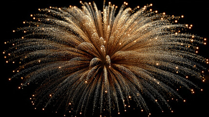 A single golden firework explodes against a dark background, captured in 3D rendering. The vibrant golden sparks illuminate the space, creating a stunning contrast with the deep, dark sky.

