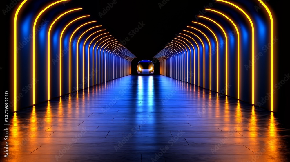 Aufkleber tunnel with orange and blue lights and a train in the middle. the tunnel is long and narrow, and the