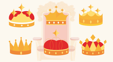 Royal crowns of different types against the backdrop of a luxurious throne
