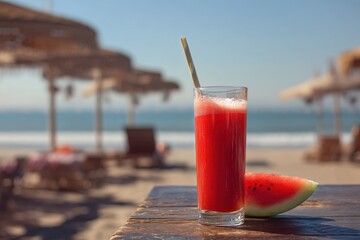 Obraz premium A refreshing summer day with a glass of watermelon juice in a sunny, beachside setting