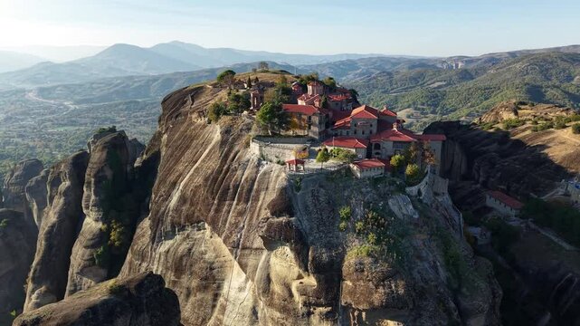 Breathtaking aerial view of Meteora monasteries in Greece with stunning rock formations and landscapes