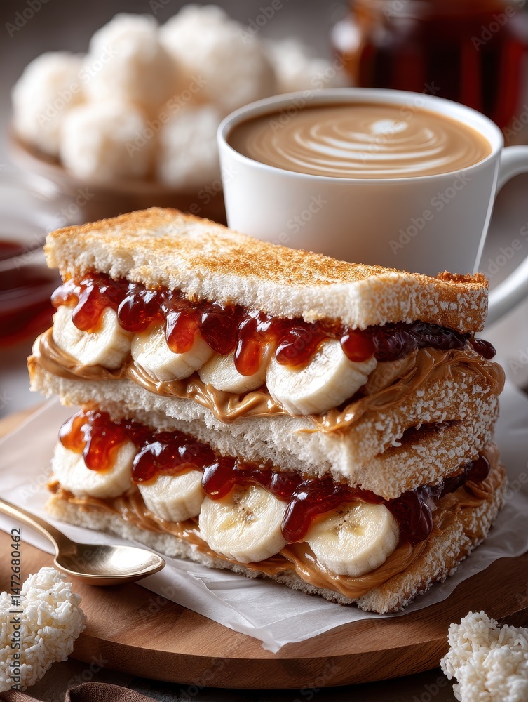 Poster delicious peanut butter and jelly sandwich with banana slices and coffee on a rustic table setting w