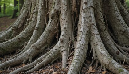Obraz premium Majestic Tree Roots in the Forest: A Close-Up View of Nature's Strength and Resilience