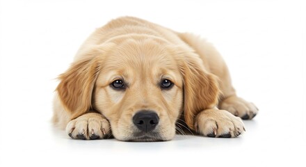 可愛いゴールデンレトリバー子犬 白い背景で穏やかに横たわる. AI Generated