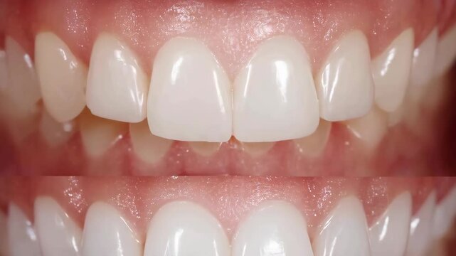 Before and after dental veneers close-up demonstrating teeth whitening and smile makeover transformation, showcasing bright, straight teeth