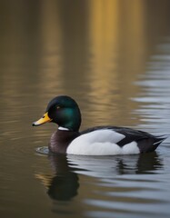 Male duck with vibrant green head and striking yellow bill glides gracefully across a calm water surface, reflecting natural beauty and serene environment