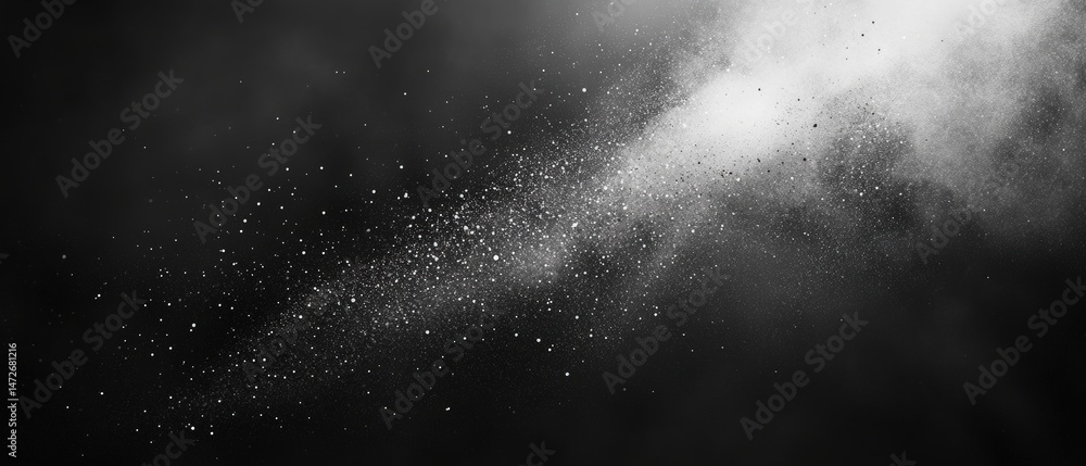 Poster abstract black and white dust or powder explosion with fine particles dispersing in the air creating