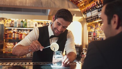 Smart bartender serving drink gin fizz with lemon sliced to VIP guest while waiting friend at luxurious counter bar. Barman providing excellent service at vibrant nightlife party atmosphere. Vinosity.