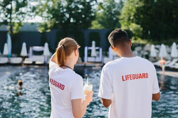 Lifeguards supervising swimming pool on sunny summer day